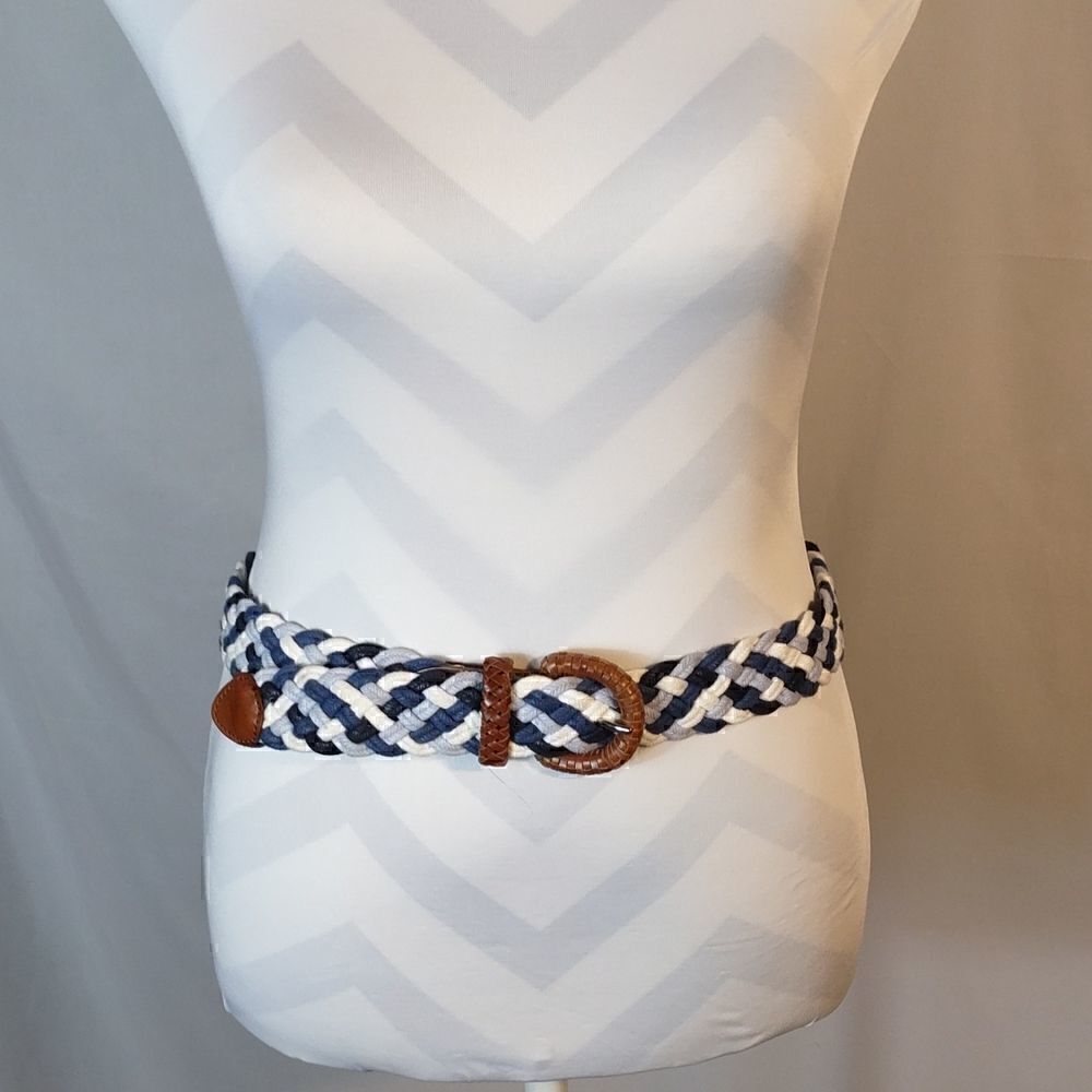Blue & White Braided Belt With Leather Trim